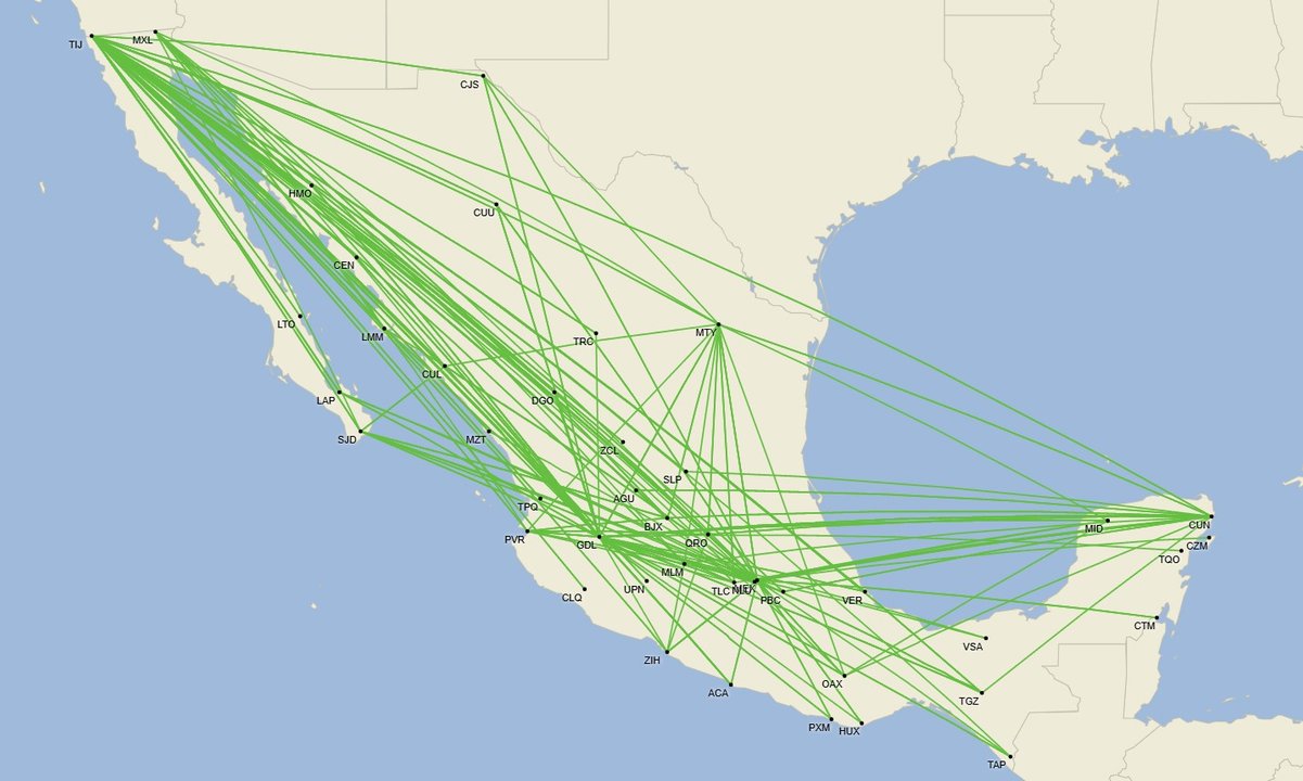 Red doméstica de Volaris - Diciembre 2025 (CIrium Schedule Mapper)